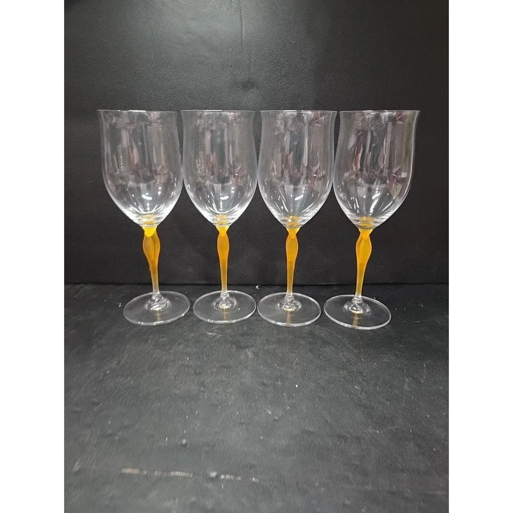 Mikasa Crystal Tuscan Wine Glasses, Yellow‎ Stem, Set of 4, Art Deco Drinkware